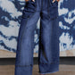 Drawstring Seam Detail Raw Hem Wide Leg Denim Pants