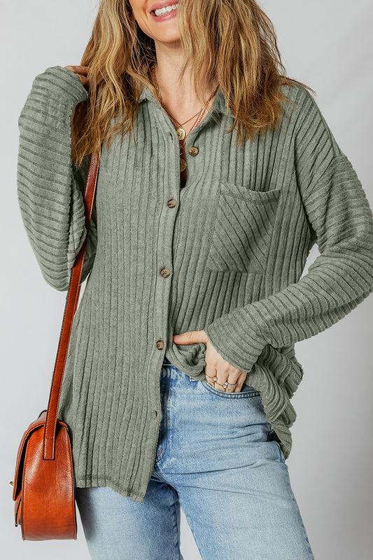 Thermal Ribbed Texture Drop Shoulder Button Up Shacket