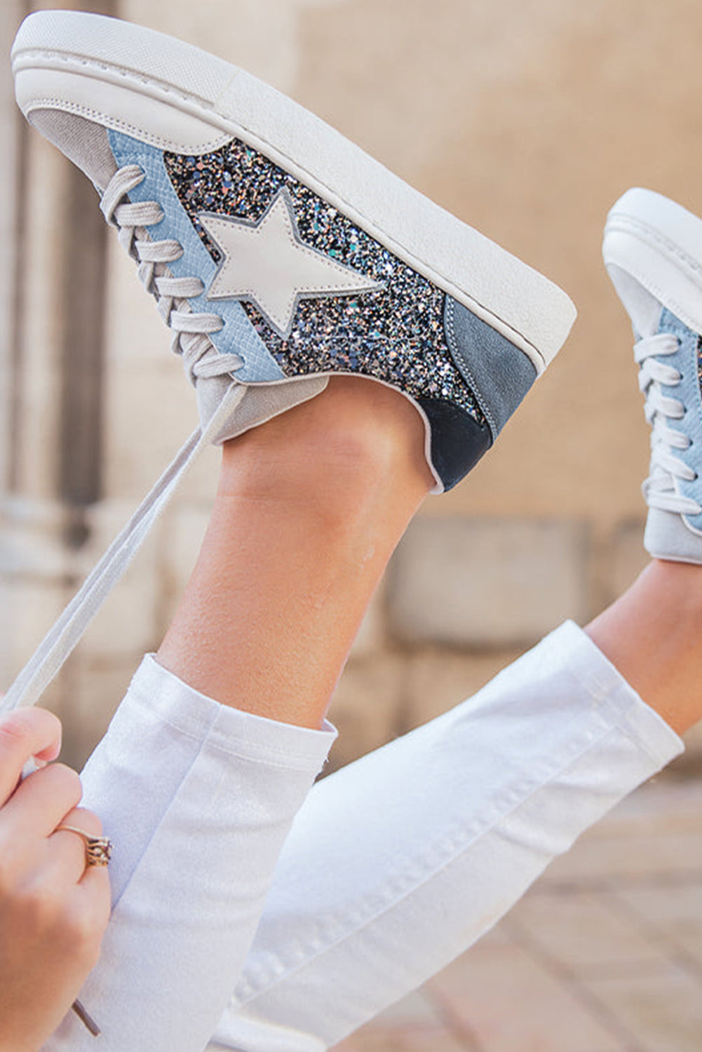 Star Patchwork Sequined Lace-up Sneakers