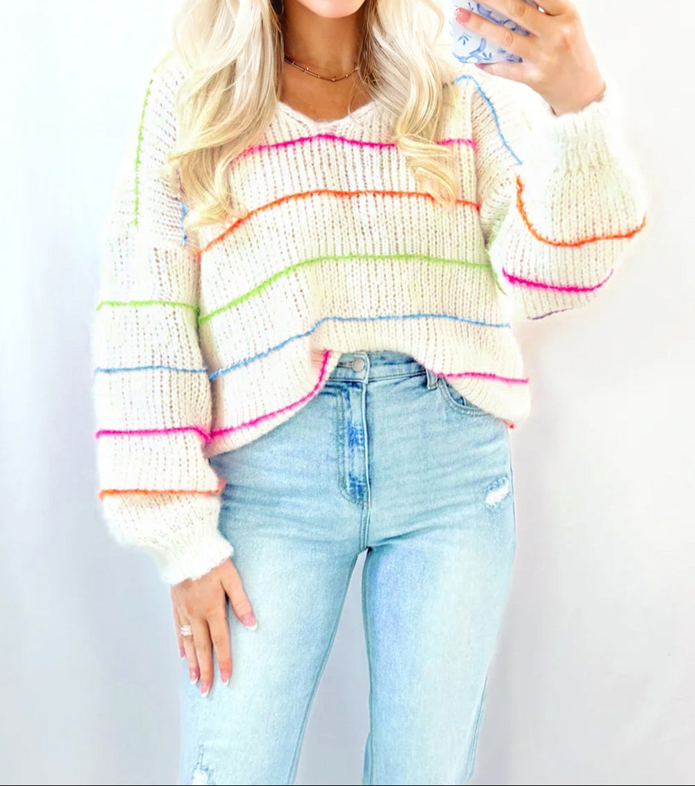 Colorful Striped Detail V Neck Drop Shoulder Baggy Sweater