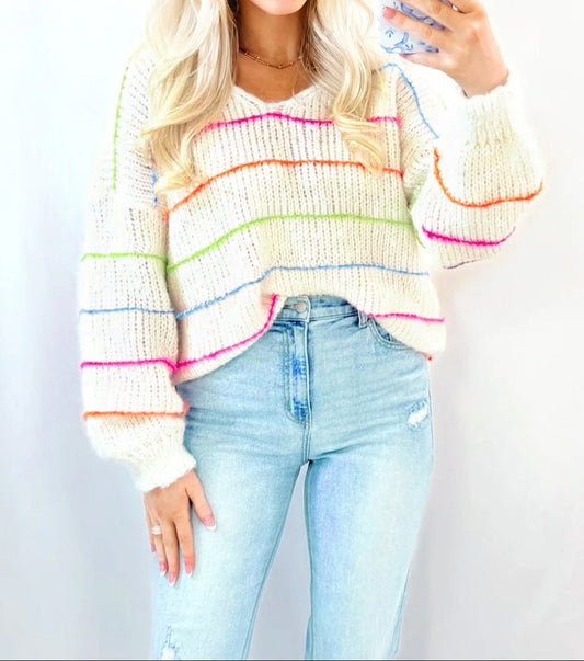 Colorful Striped Detail V Neck Drop Shoulder Baggy Sweater