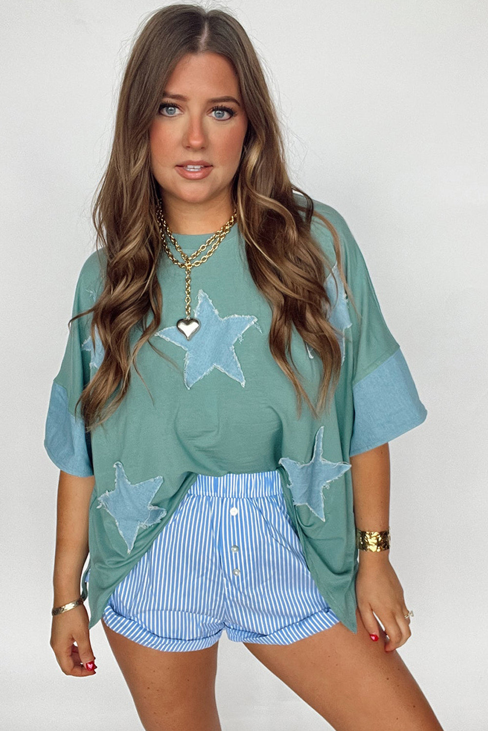 Frayed Denim Star Patched T Shirt