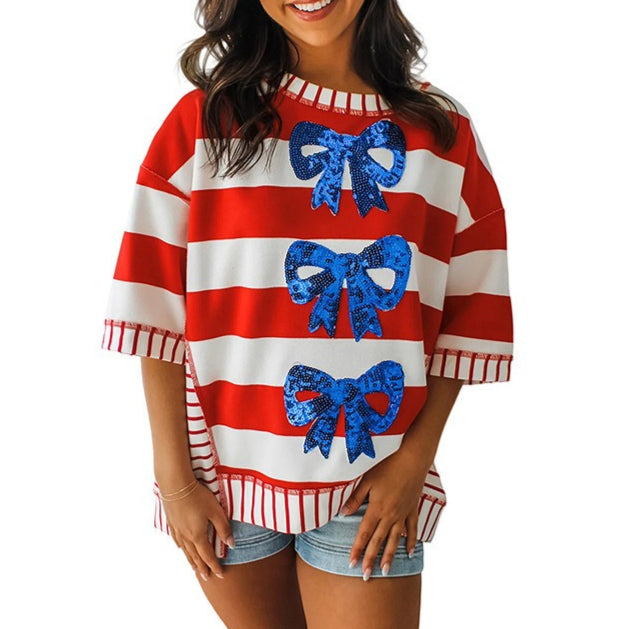 Stripe Sequin Bow Patriotic Half Sleeve Top