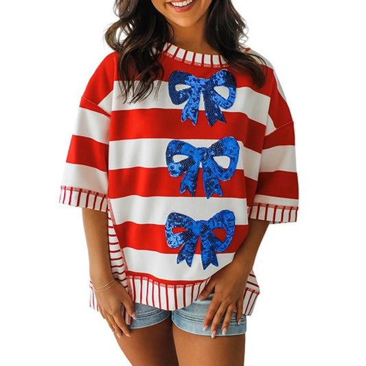 Stripe Sequin Bow Patriotic Half Sleeve Top