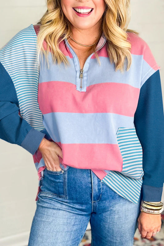 Stripe Colorblock Patchwork Zip up Plus Size Pullover