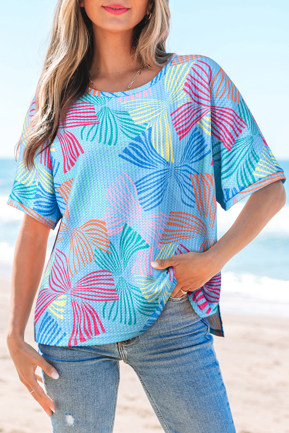 Printed Waffle Crewneck Loose Short Sleeve Top