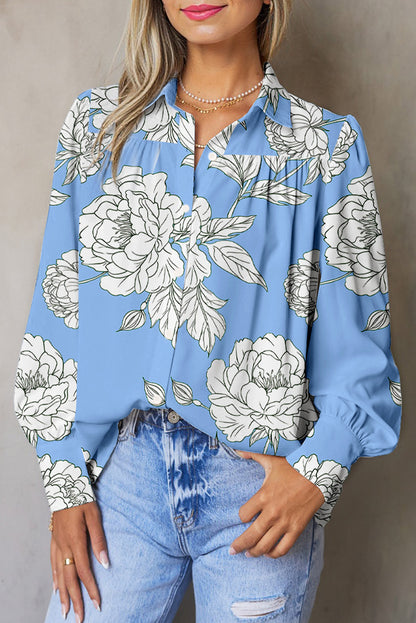 Floral Print Button Up Pleated Detail Puff Sleeve Shirt