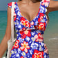 Floral Ruffle Trim V Neck Lace-up Back Tummy Control One Piece Swimsuit