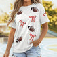 White Sequin Rugby Bow Print Round Neck Casual Shift Tee
