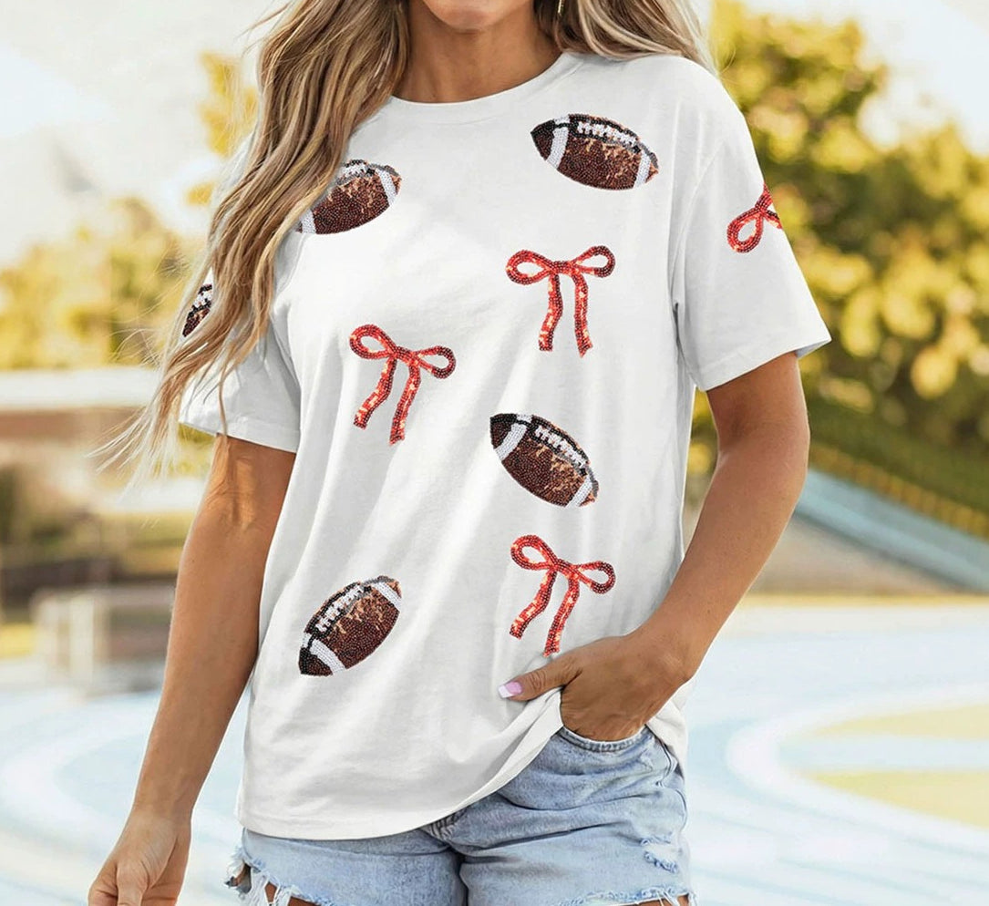 White Sequin Rugby Bow Print Round Neck Casual Shift Tee