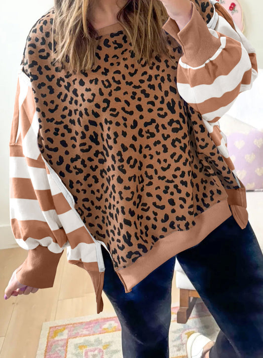 Block Patchwork Leopard Casual Sweatshirt with Slits