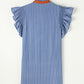 Frilly Split Neck Shirred Ruffle Sleeve Short Shift Dress
