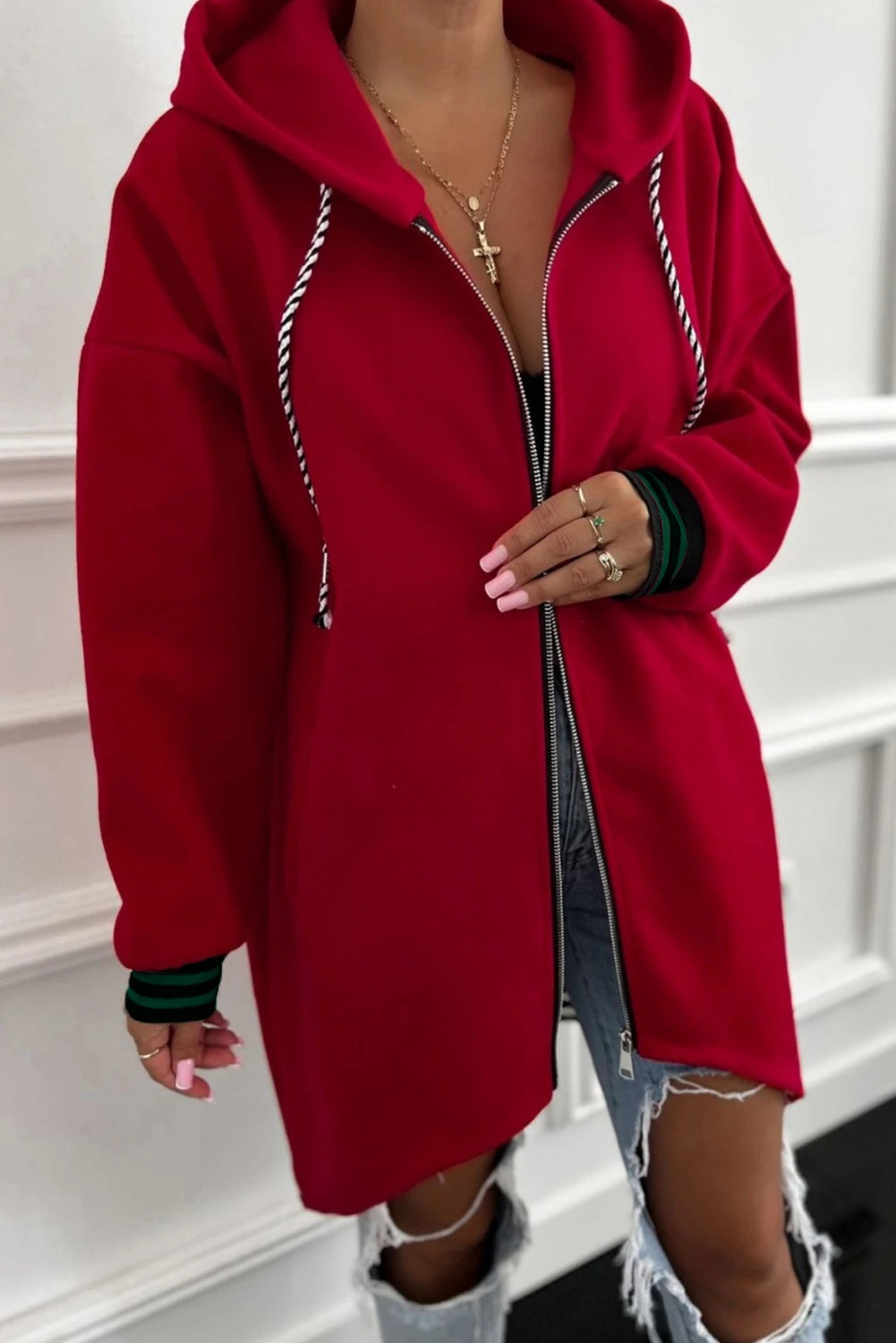 Cuffed Drop Shoulder Zip up Tunic Hoodie