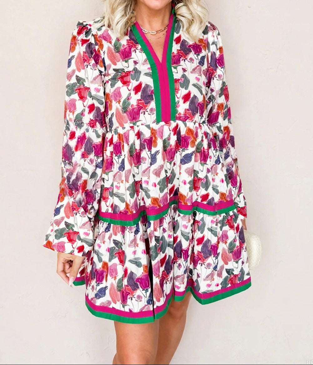 Floral Print Contrast Striped Detail Long Sleeve Mini Dress
