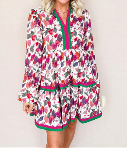 Floral Print Contrast Striped Detail Long Sleeve Mini Dress