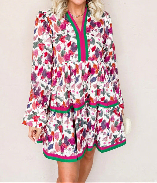 Floral Print Contrast Striped Detail Long Sleeve Mini Dress