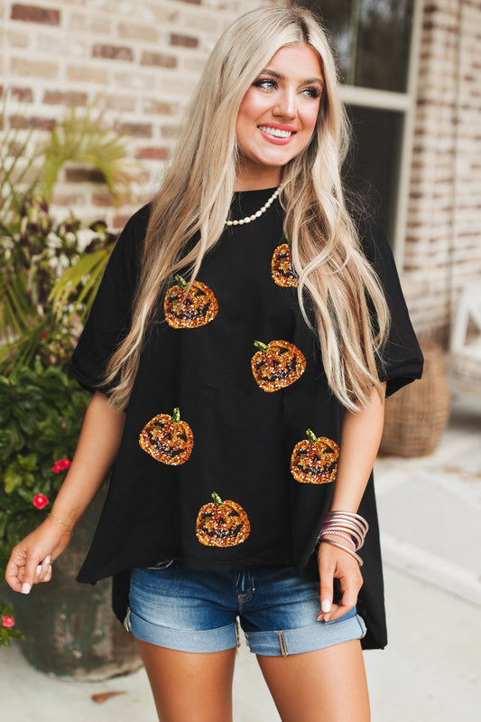 Sequin Jack-o-lantern Pattern Halloween Casual Tee