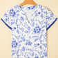 Blue Elegant Floral Print Ricrac Trim Short Sleeve Blouse