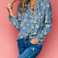 Fall Floral Half Placket Collared V Neck Blouse