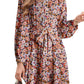 Floral Print Long Sleeve Pleated Detail Bleted Mini Dress