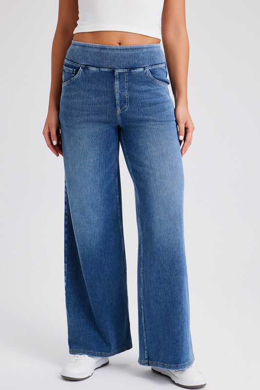 Elastic Waistband Pull On Wide Leg Jeans