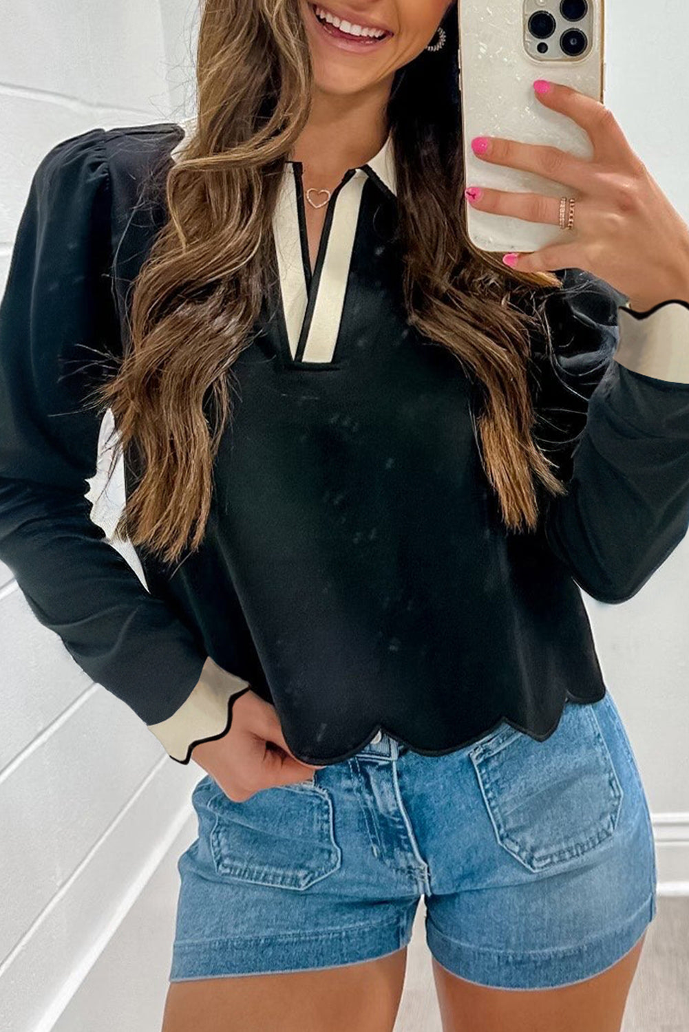 Scallop Trim Color Block Long Sleeve Collared Top