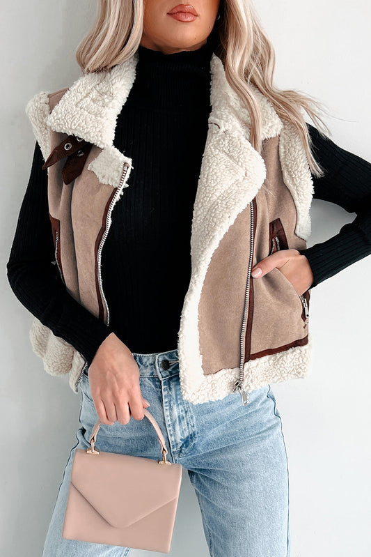 Sherpa Lined Faux Suede Lapel Collar Vest