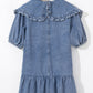 Ruffled Collared Side Pockets Puff Sleeve Denim Mini Dress