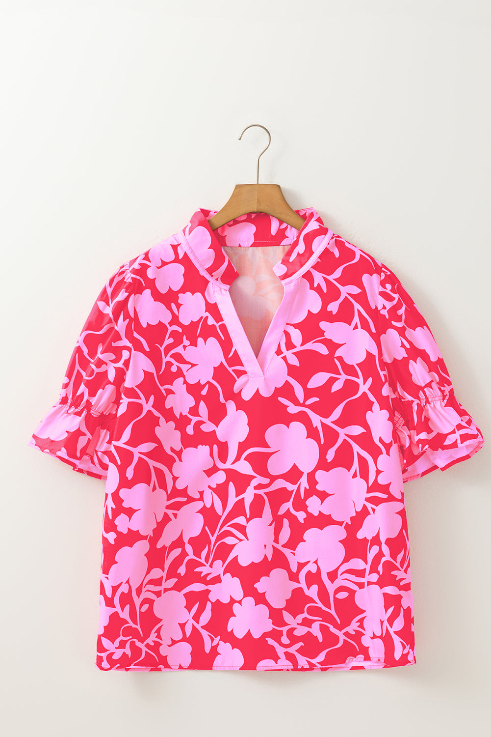 Split V Neck Ruffled Short Sleeve Blouse Top