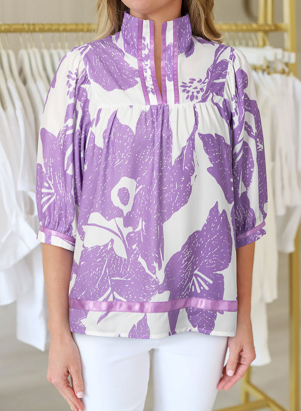 Leafy Print 3/4 Sleeve Striped Trim Split Neck Blouse