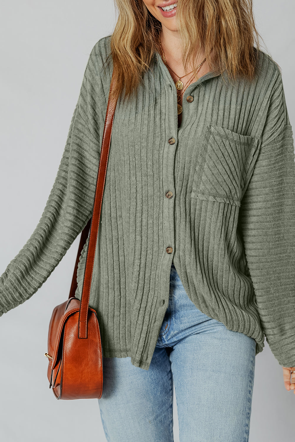 Thermal Ribbed Texture Drop Shoulder Button Up Shacket