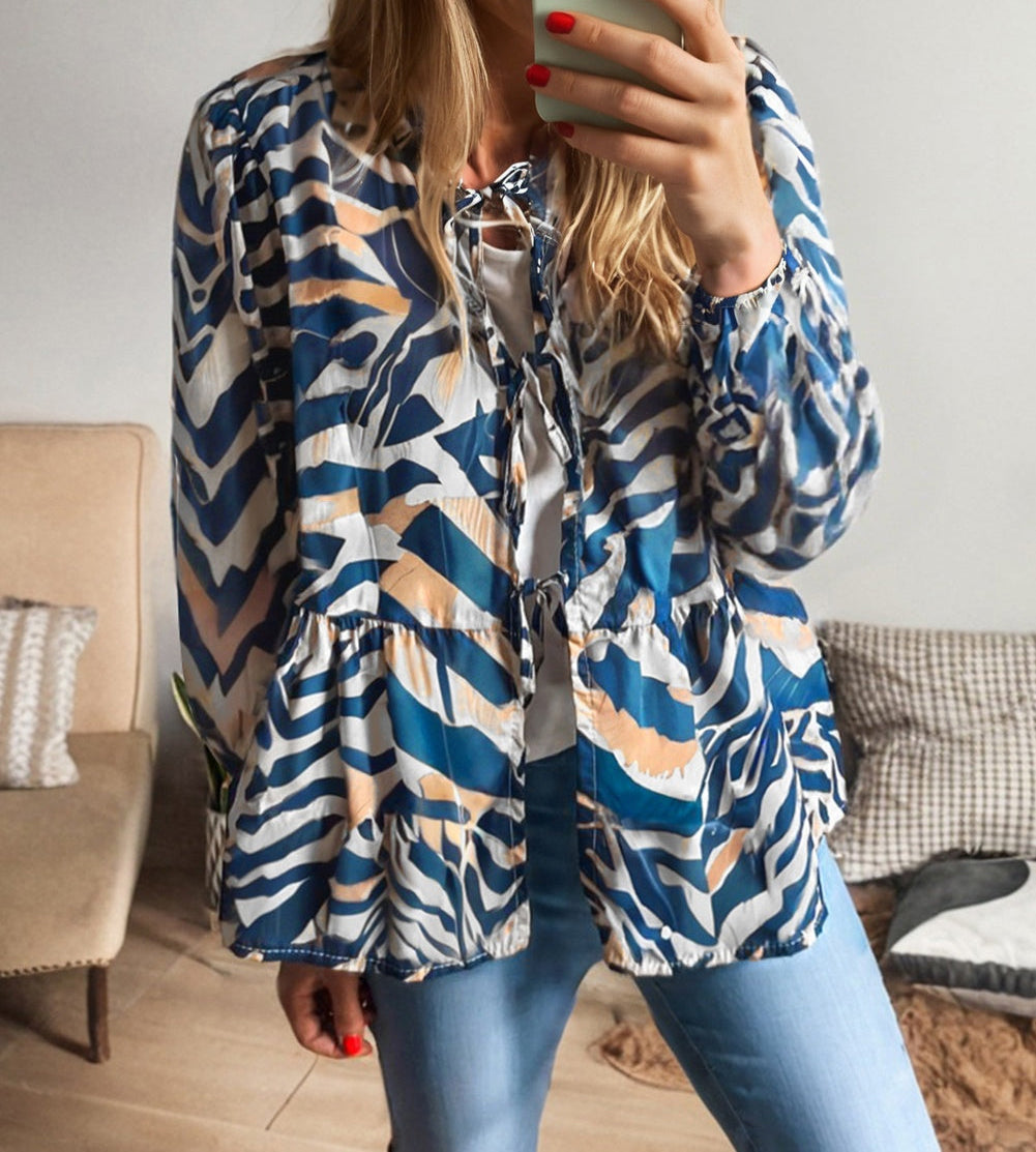 Zebra Print Tied Front Puff Sleeve Top