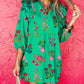 Floral Ruffled Three Quarter Sleeve Buttoned Mini Dress