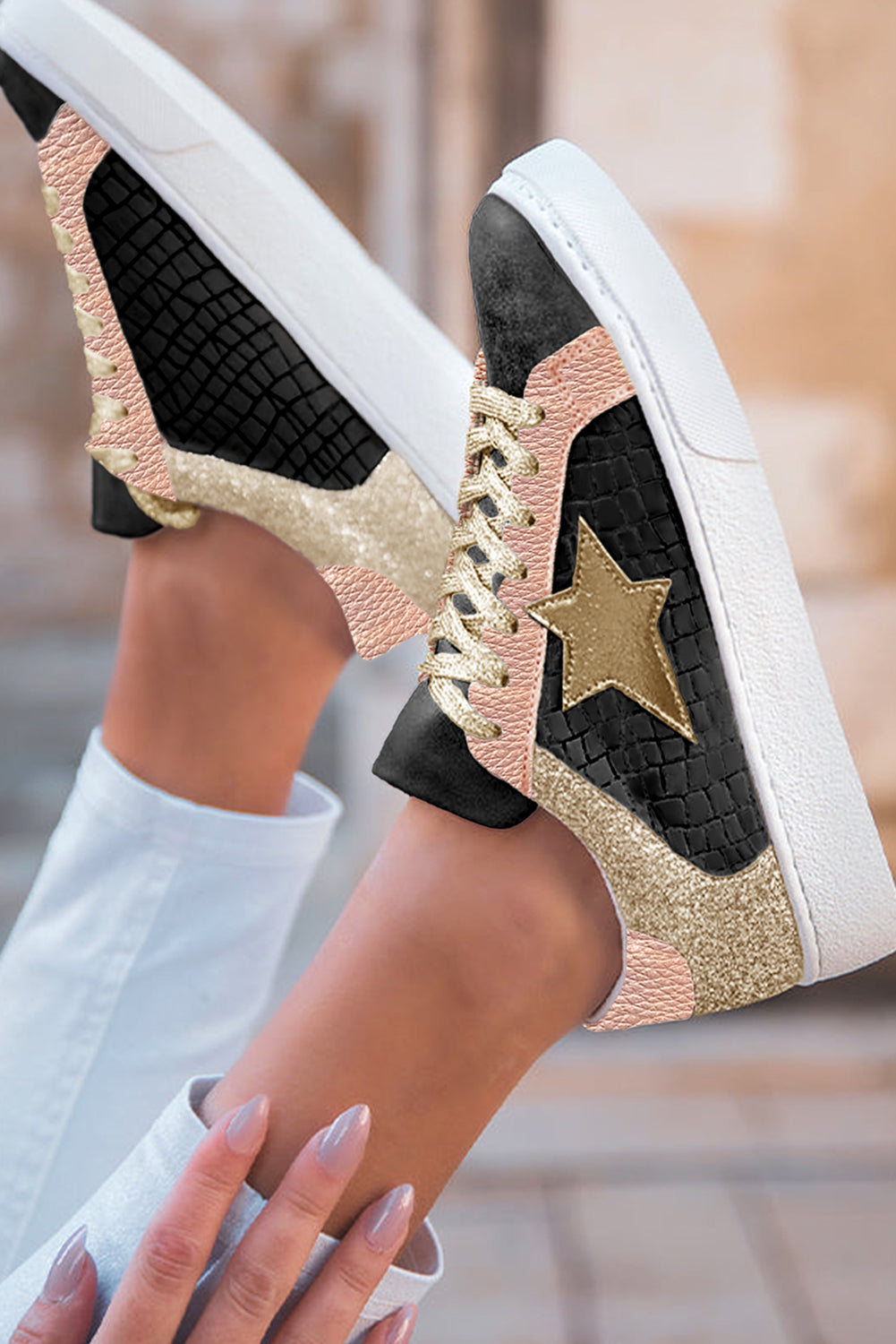 Star Patchwork Sequined Lace-up Sneakers