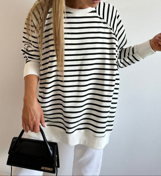 Stripe Raglan Sleeve Side Slits Loose Sweatshirt