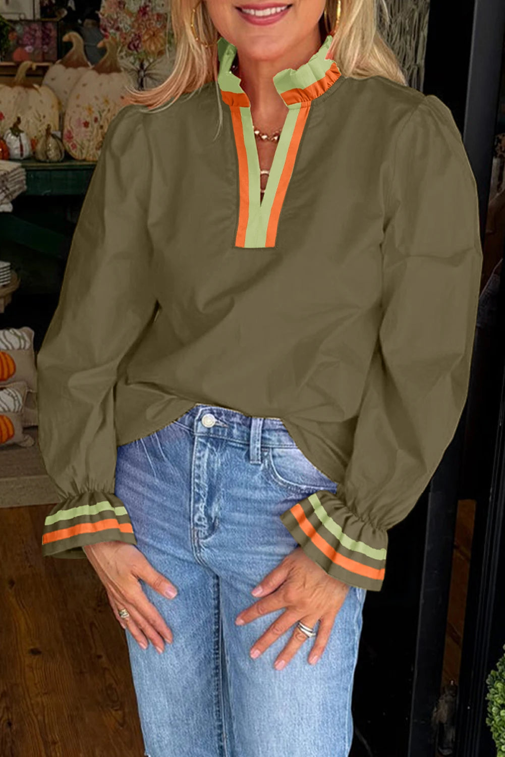 Ruffle Split Neck Long Sleeve Blouse