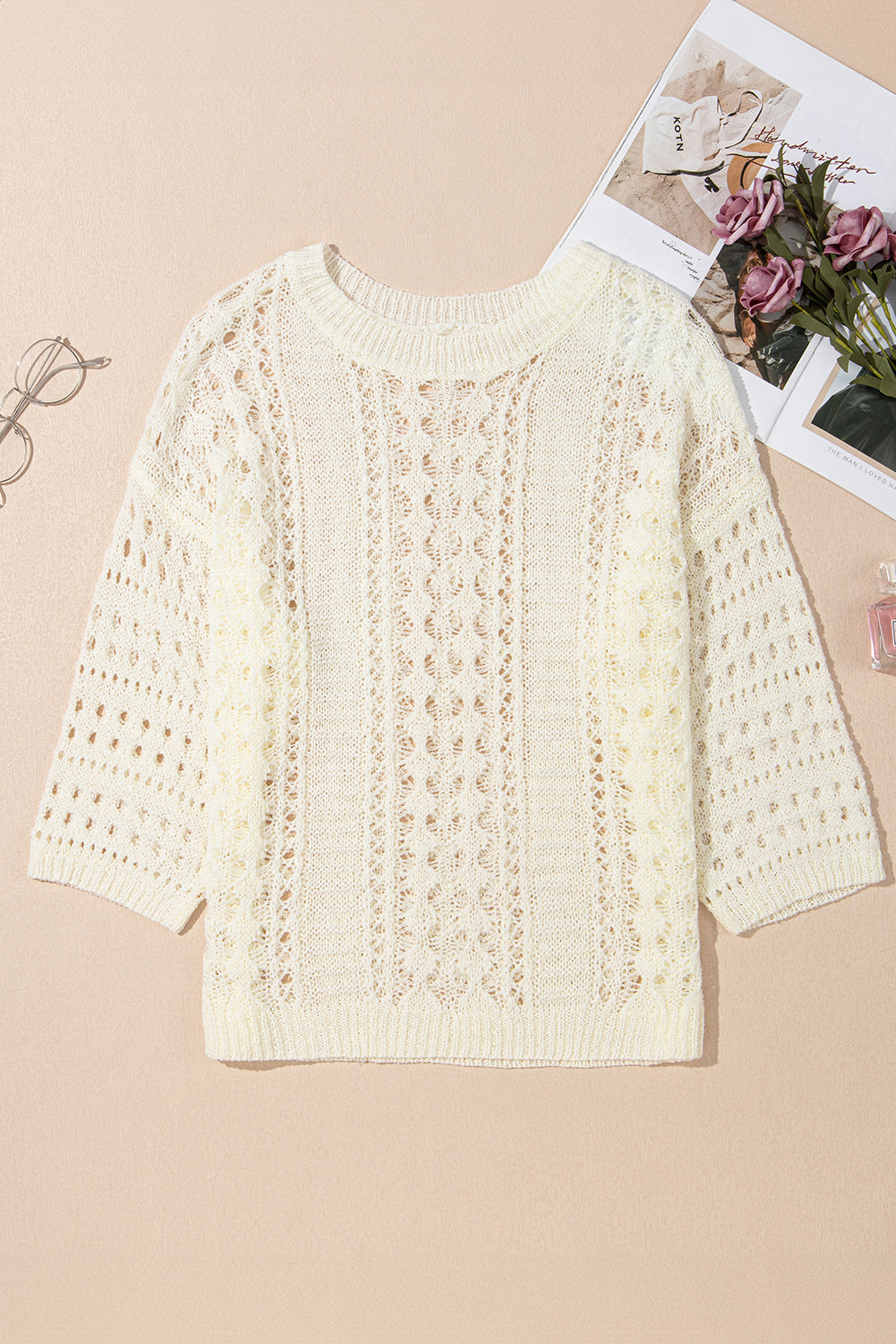 Hollow Out Knit Bracelet Sleeve Drop Shoulder Sweater