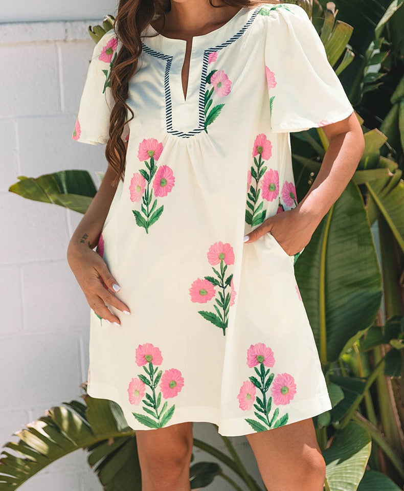 Apricot Floral Short Sleeve Split Neck Loose Mini Dress
