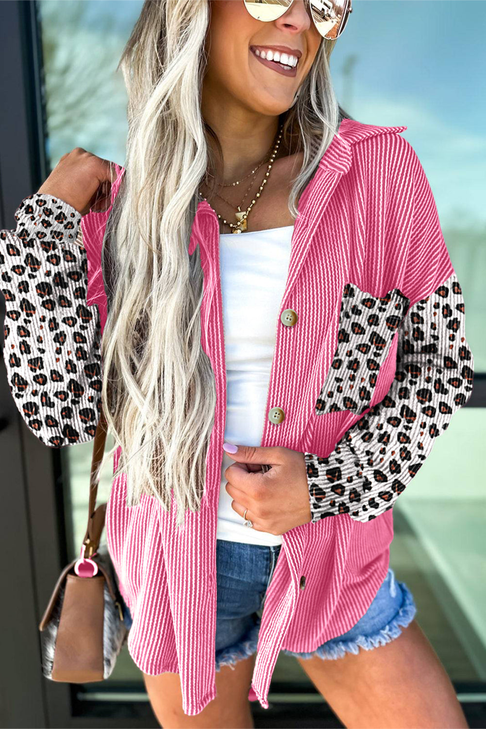 Leopard Patched Twisted Ribbed Western Casual Shacket