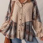 Patchwork Distressed Detail Ruffled Sleeve Waffle Knit Shacket