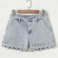 Scalloped Hemline Acid Wash High Waist Denim Shorts