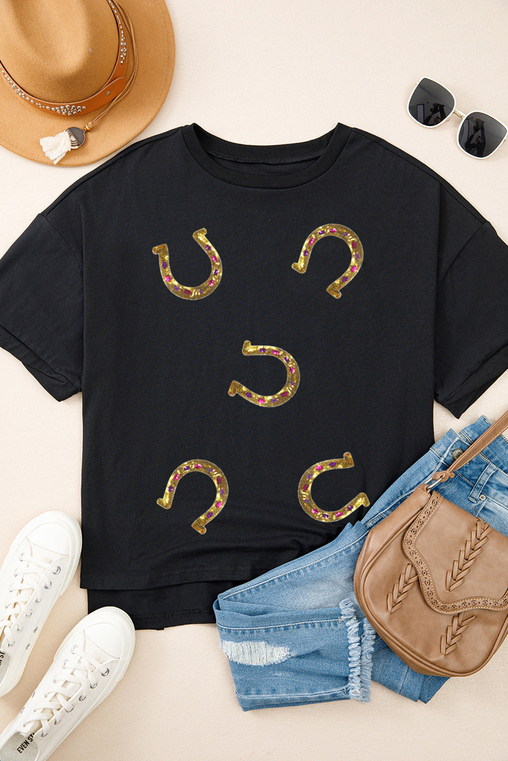Western Shiny Horseshoes Pattern High Low Hem Casual T Shirt
