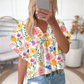 Floral Boxy Fit Ruffled Short Sleeve V Neck Blouse