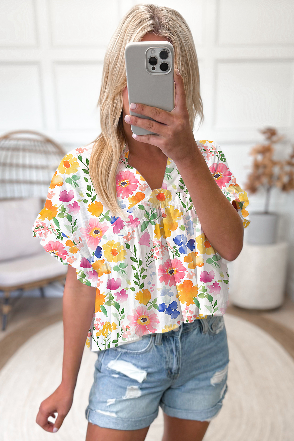 Floral Boxy Fit Ruffled Short Sleeve V Neck Blouse