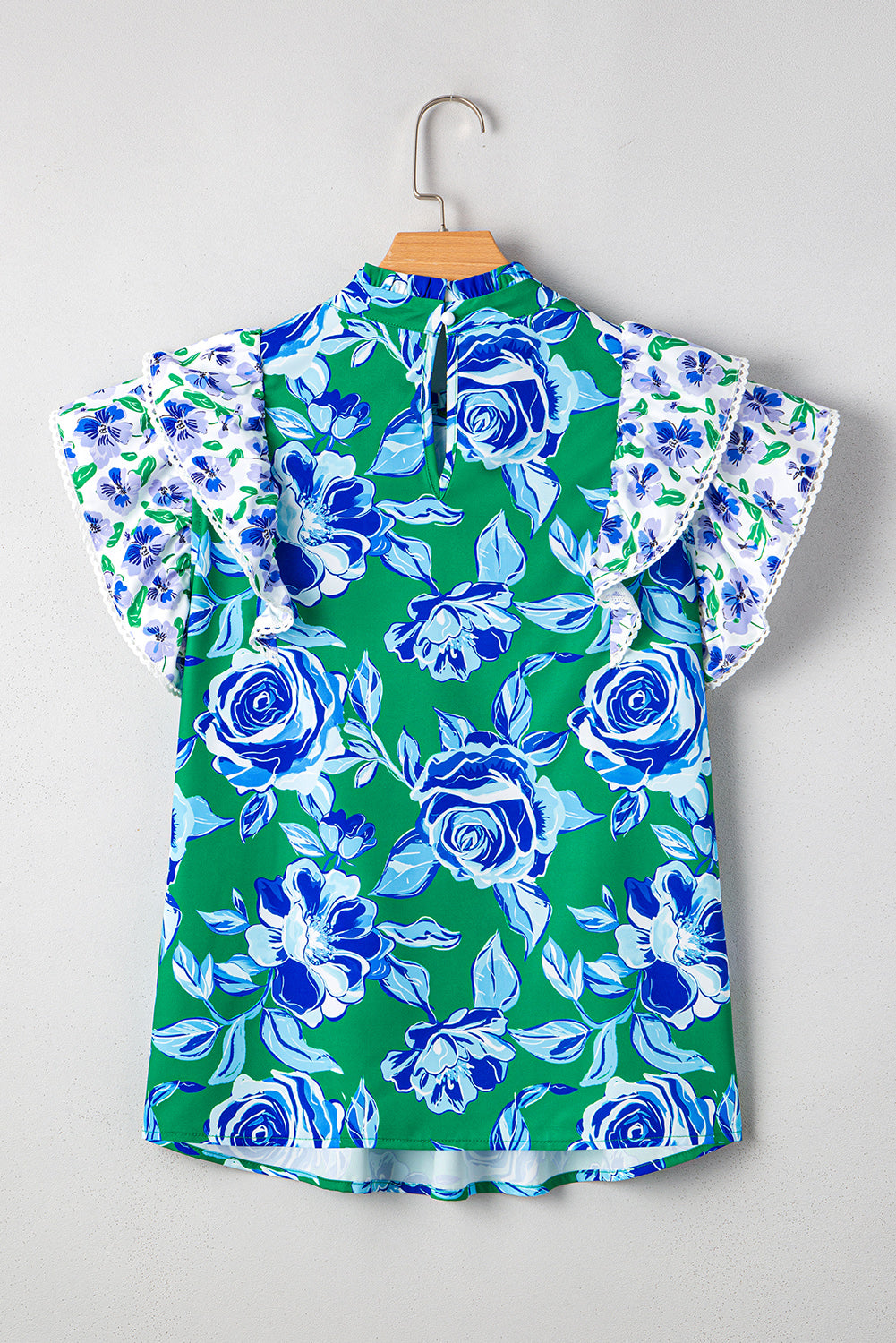 Floral Print Lace Trim Contrast Ruffle Sleeve Pleated Loose Blouse