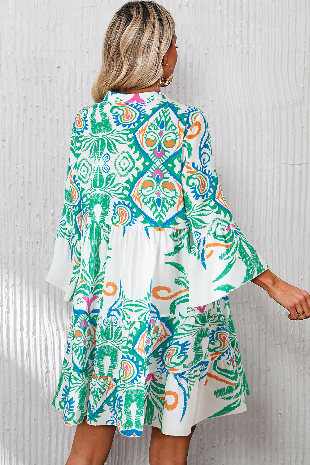 Tribal Print Bracelet Sleeve Buttoned Mini Dress