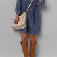 3/4 Sleeve Tied V Neck Pleated Denim Mini Dress