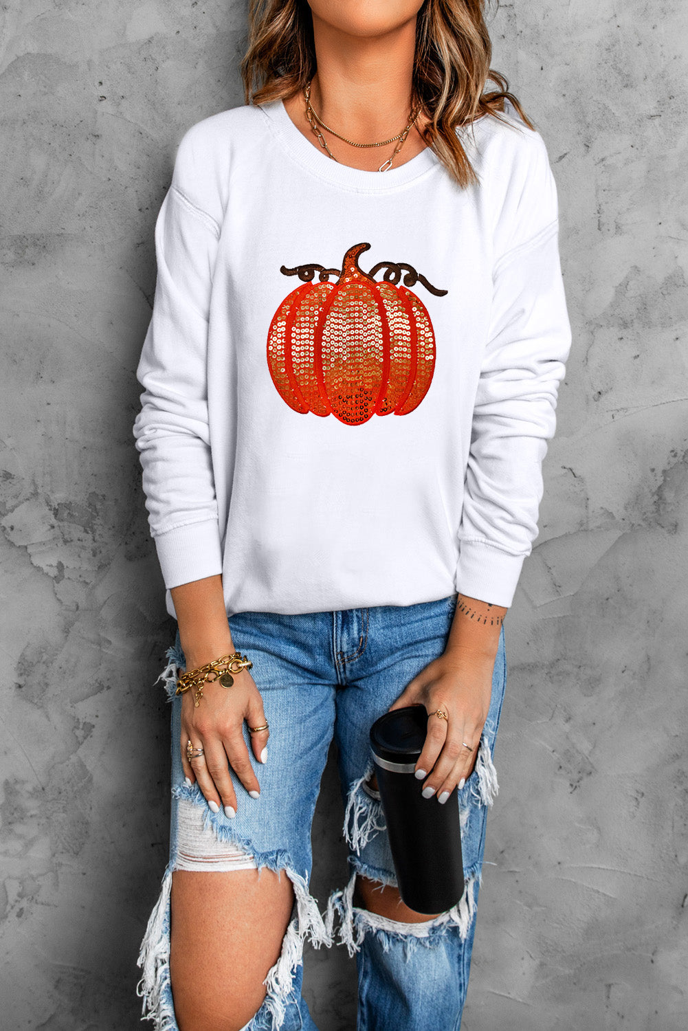 Sequin Pumpkin Patched Casual Pullover Graphic Sweatshirt