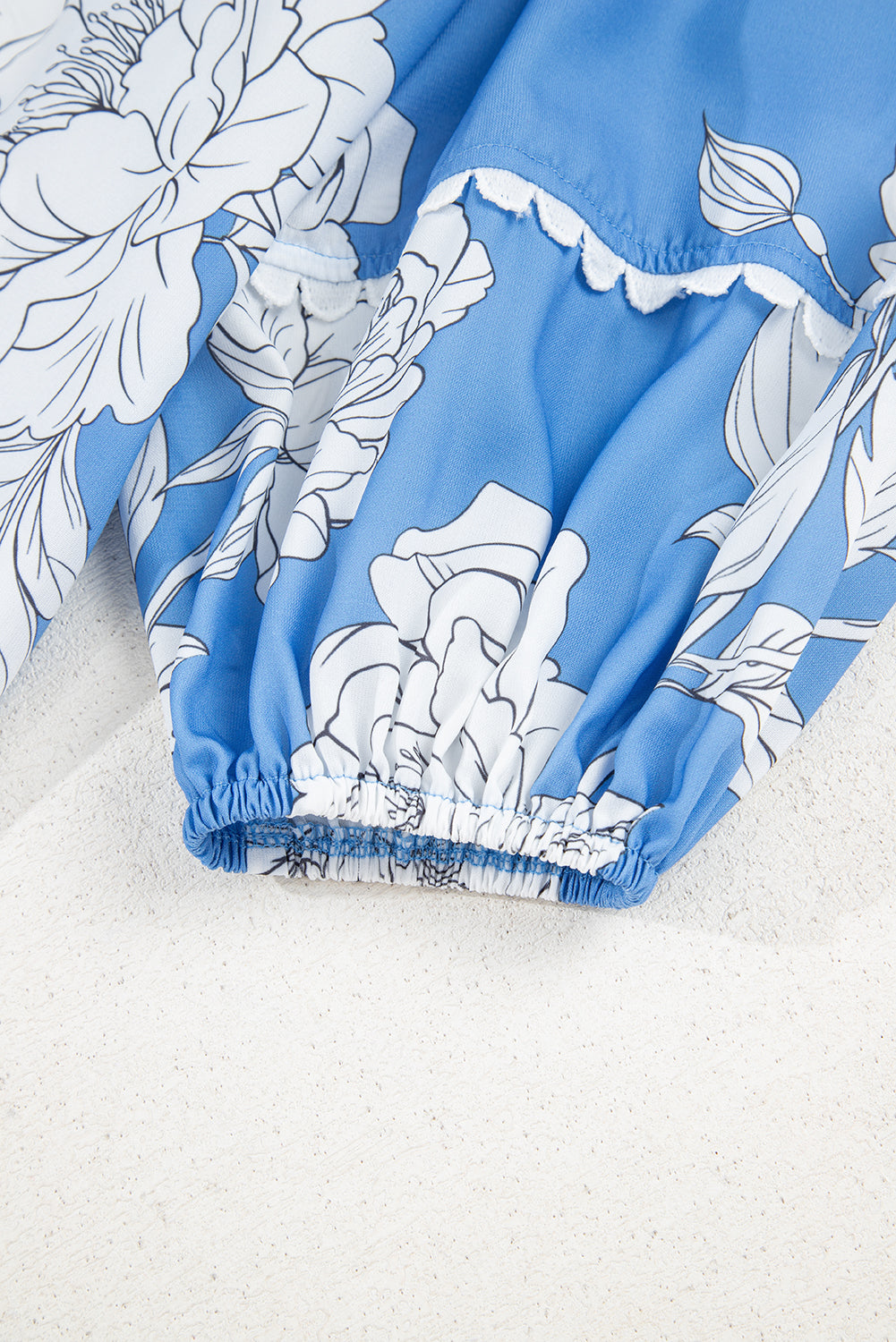 Floral Ricrac Trim Collared Puff Sleeve Loose Blouse