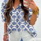 Geometric Print Tassel Drawstring V Neck Blouse